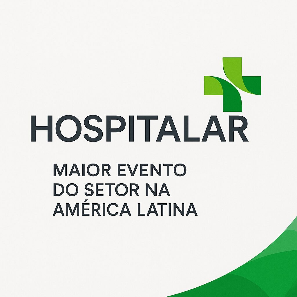 Imagem promocional da Feira Hospitalar com o texto "Hospitalar – Maior evento do setor na América Latina", em destaque sobre fundo branco com detalhes em verde. A imagem remete à inovação em saúde, com foco em sistemas radiológicos, tecnologias emergentes e o futuro da radiologia no contexto da transformação digital e da telessaúde.